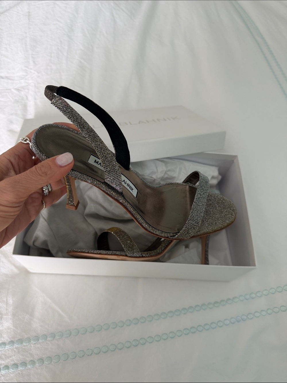 Manolo Blahnik Silver Glitter Slingback Heels
